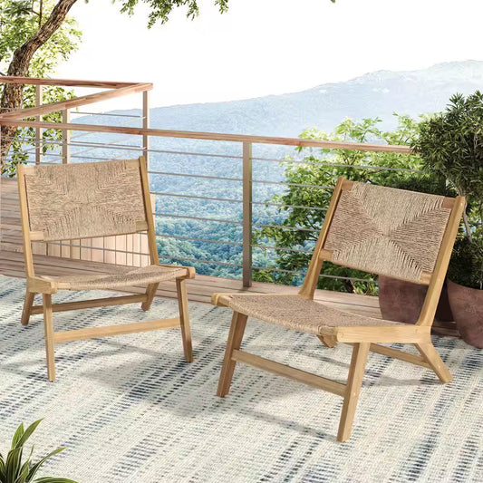 Angelo PE Wicker and Solid Wood Outdoor Patio Lounge Chair, Light Teak, Set of 2