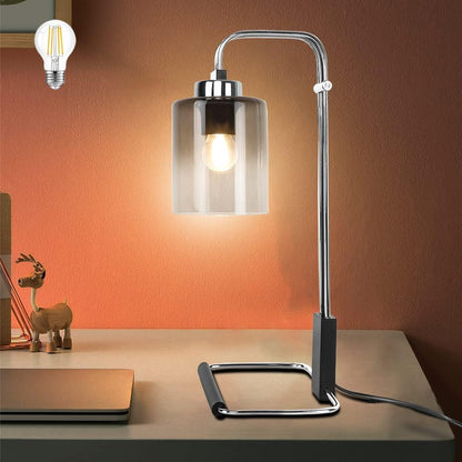 DLLT Industrial Table Lamp, Metal besides Reading Lamps with Gradient Grey Glass Lampshade, Vintage Nightstand Desk Light for Bedroom Living Room Office Dorm, Chrome Finish, 5W Bulb Included