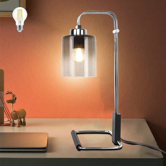 DLLT Industrial Table Lamp, Metal besides Reading Lamps with Gradient Grey Glass Lampshade, Vintage Nightstand Desk Light for Bedroom Living Room Office Dorm, Chrome Finish, 5W Bulb Included