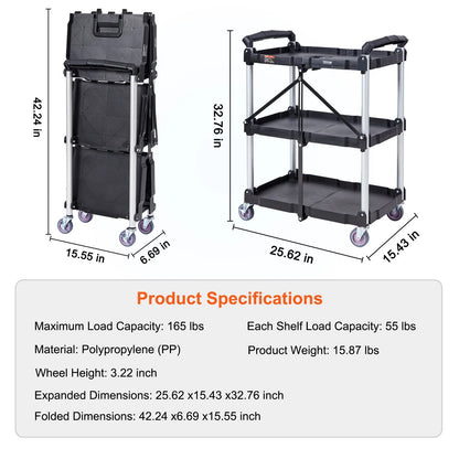 VEVOR Foldable Utility Service Cart, 3 Shelf 165LBS Heavy Duty Plastic Rolling Cart with Lockable Wheels, Ergonomic Handle, Portable Garage Tool Cart for Warehouse/Office/Home(25.62X15.43X32.76)