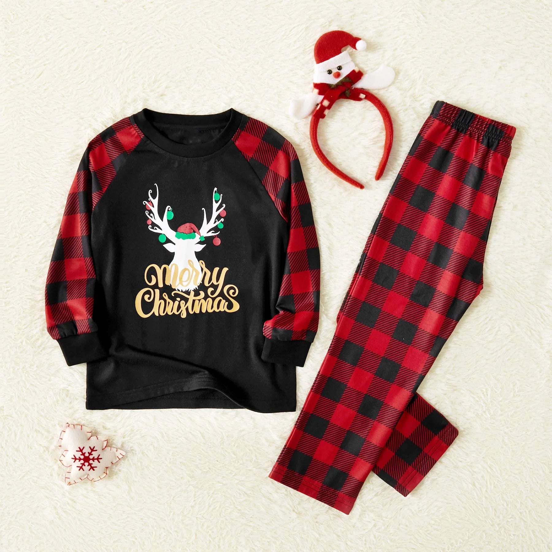 Merry Christmas Pajamas Letter Antler Print Plaid Splice Family Matching Pajamas Sets for Men, Red Plaid, L