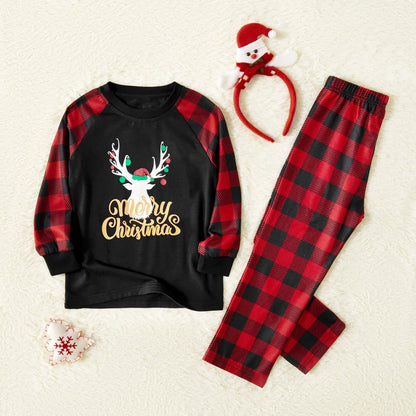 Merry Christmas Pajamas Letter Antler Print Plaid Splice Family Matching Pajamas Sets for Men, Red Plaid, L
