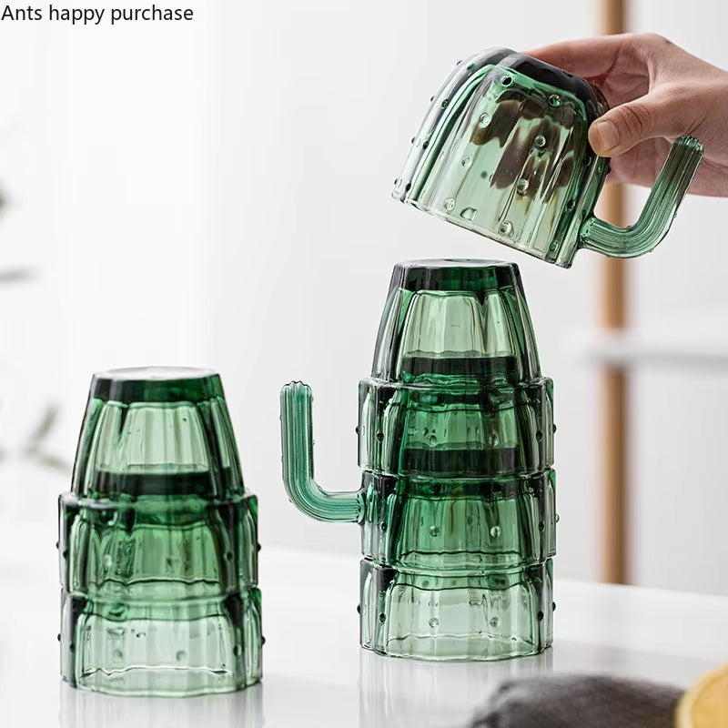 Green Cactus Glass Mug Set Stackable Cup Set Water Cups Afternoon Teacup Fruit Teacup Drinkware Glass Set Drink Cup Juice Cups
