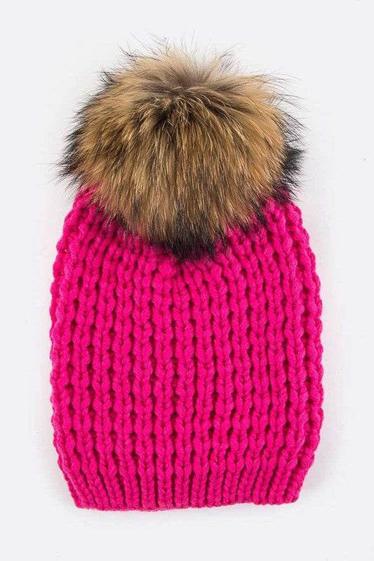 Raccoon Fur Pompom Beanie