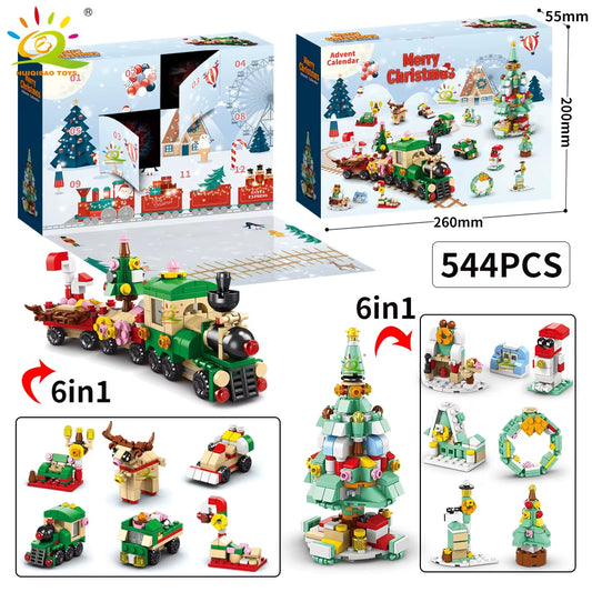 HUIQIBAO Christmas Tree Santa Claus Countdown 12Days Model Building Blocks DIY 6IN1 Set Elk Bricks Toys for Children Adult Gift