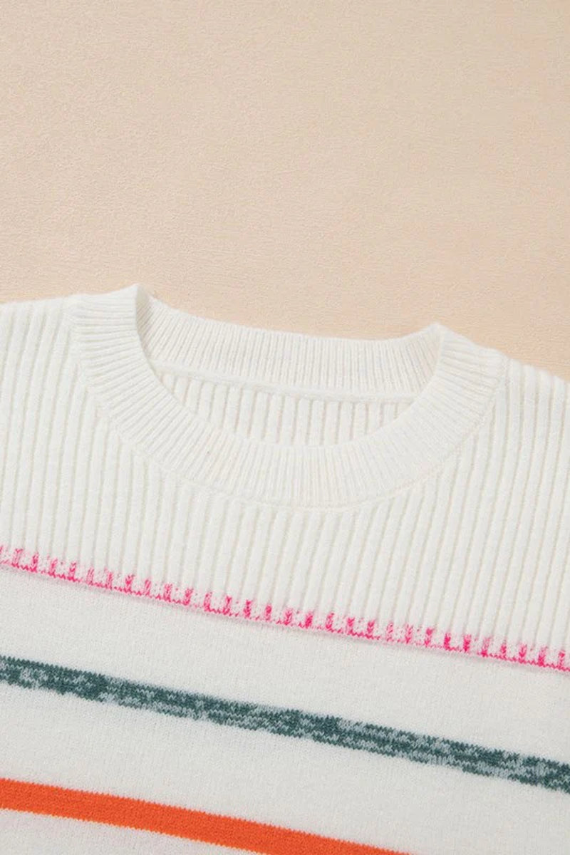 Colorful Striped Ribbed Trim round Neck Sweater