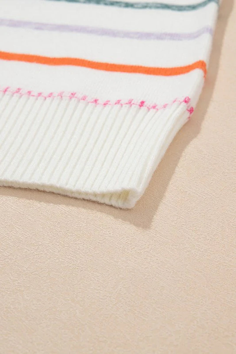 Colorful Striped Ribbed Trim round Neck Sweater