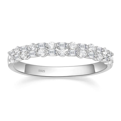EAMTI 925 Sterling Silver Wedding Bands for Women Baguette round Cubic Zirconia Two-Row Eternity Band Stackable Engagement Rings