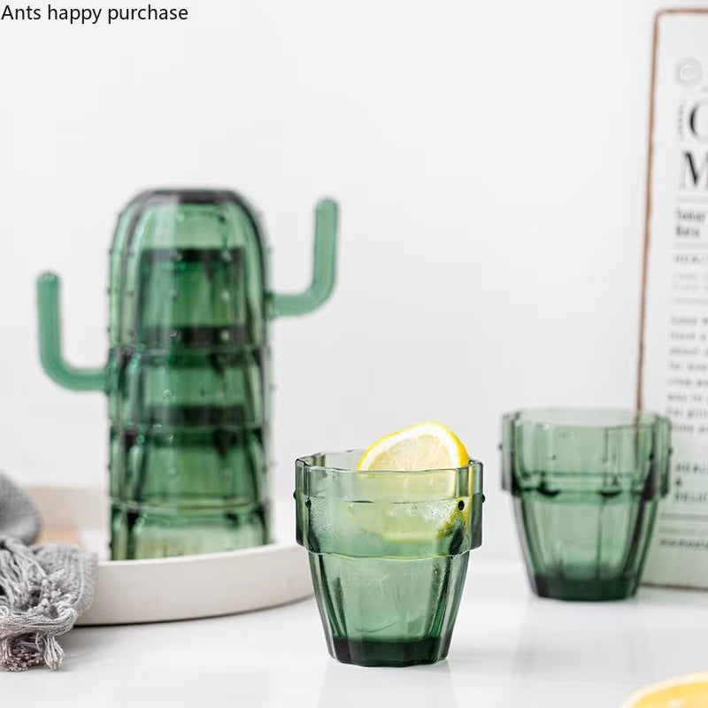 Green Cactus Glass Mug Set Stackable Cup Set Water Cups Afternoon Teacup Fruit Teacup Drinkware Glass Set Drink Cup Juice Cups