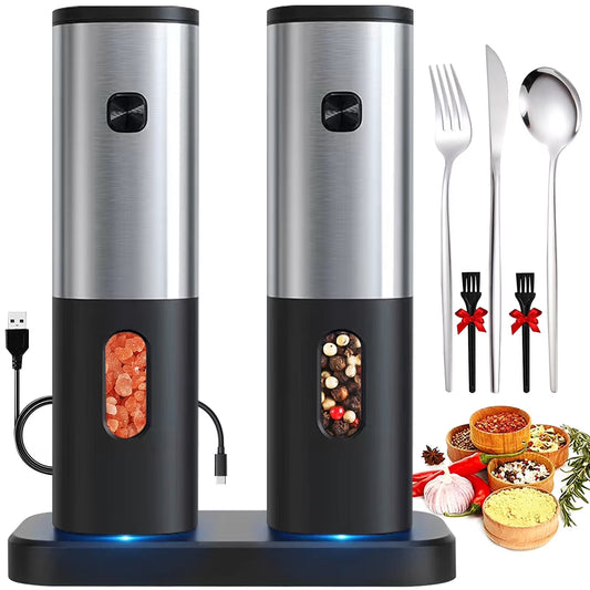 Rechargeable Electric Salt and Pepper Grinder Sets with Charging Base,  Stainless Steel Pepper Grinder with Rechargeable Batteries, Salt Grinder with Adjustable Coarseness and LED Blue Light
