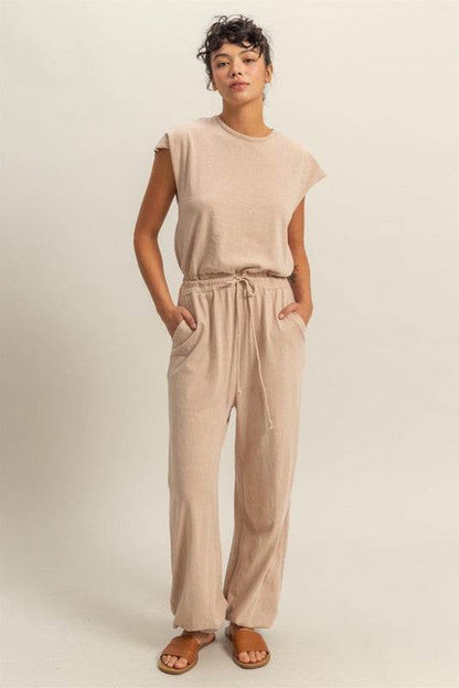 HYFVE Back Keyhole round Neck Cap Sleeve Drawstring Jumpsuit