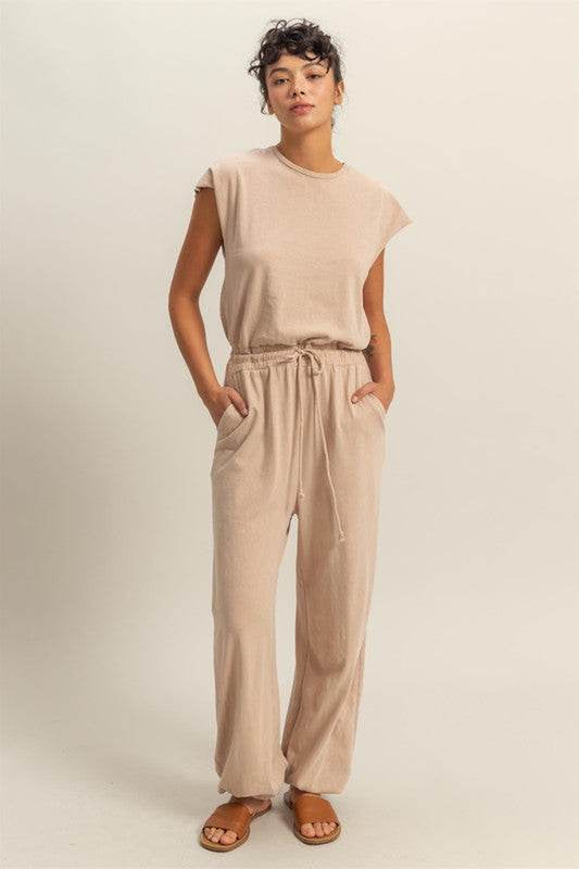 HYFVE Back Keyhole round Neck Cap Sleeve Drawstring Jumpsuit