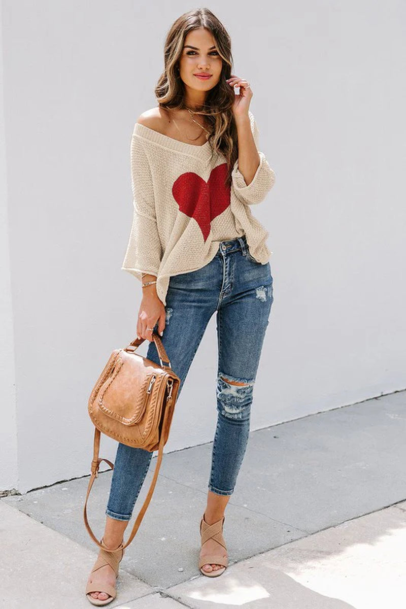 Cotton Khaki Beige Cream Casual Heart Knit Sweater