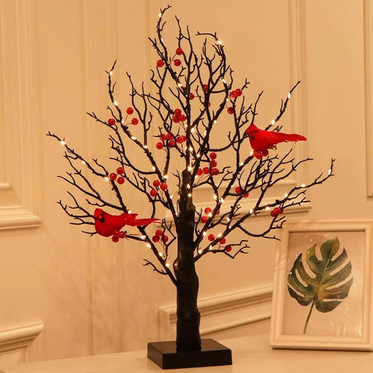 LED Retro Luminous Christmas Tree Lamp Festival Christmas Decoration with Red Fruit and Bird Decor for Tabletop