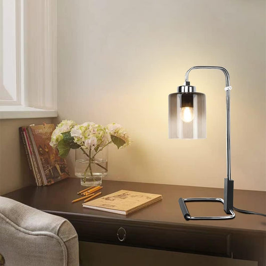 DLLT Industrial Table Lamp, Metal besides Reading Lamps with Gradient Grey Glass Lampshade, Vintage Nightstand Desk Light for Bedroom Living Room Office Dorm, Chrome Finish, 5W Bulb Included