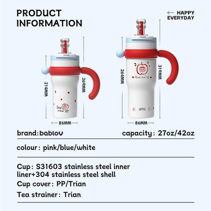 Bablov 42Oz 316L Stainless Steel Cartoon Pattern Water Cup with Handle---Leak-Proof Thermos Cup, Cute and Suitable for Children, Teenagers, and Adults