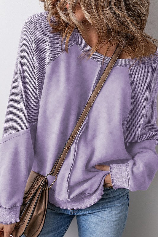 Solid Waffle Knit Patchwork Sweatshirt