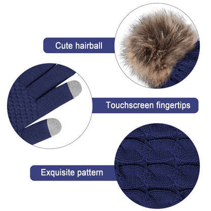 3 Pcs Women Winter Hat and Gloves Sets, Beanies Knit Classic Neck Warmer and Touchscreen Gloves Blue