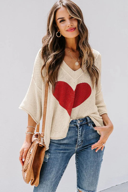 Cotton Khaki Beige Cream Casual Heart Knit Sweater