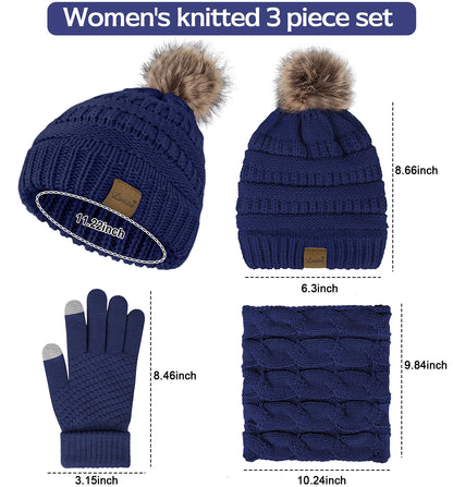 3 Pcs Women Winter Hat and Gloves Sets, Beanies Knit Classic Neck Warmer and Touchscreen Gloves Blue