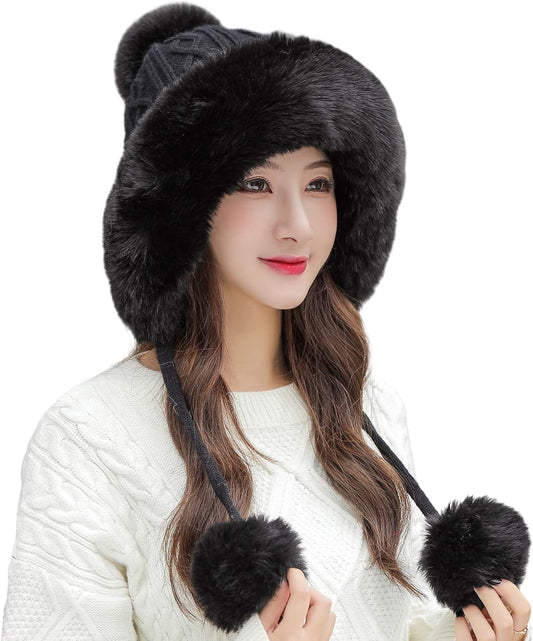 Women Winter Peruvian Cover Ears Beanie Hat Ear Flaps Sherpa Ski Snow Hats Knit Fleece Lined 3 Pom Pom