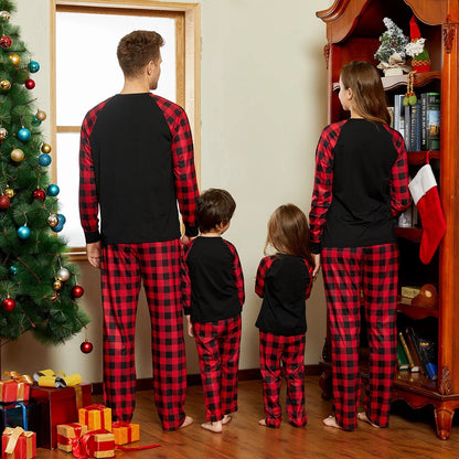 Merry Christmas Pajamas Letter Antler Print Plaid Splice Family Matching Pajamas Sets for Men, Red Plaid, L