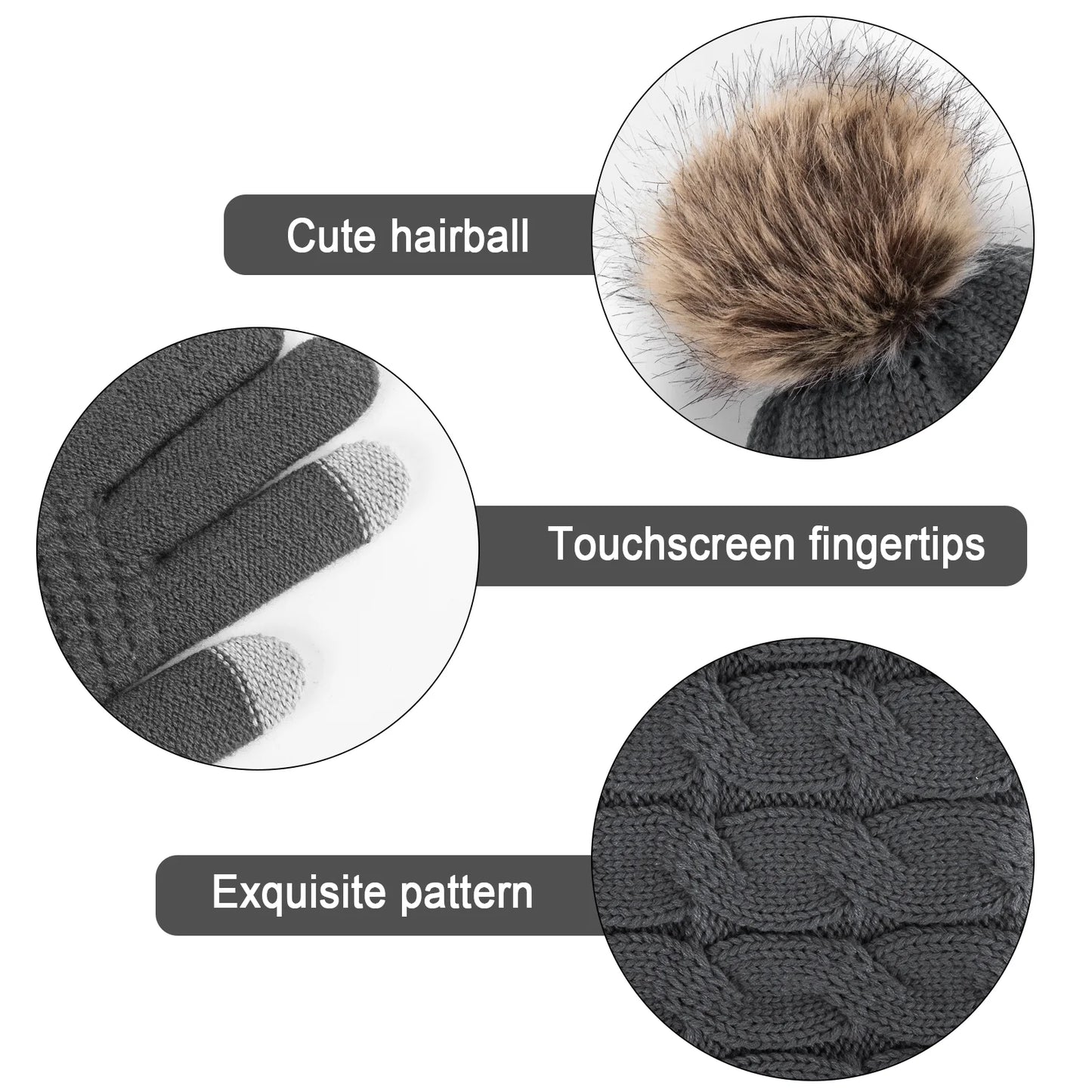 3 Pcs Women Winter Hat and Gloves Sets, Beanies Knit Classic Neck Warmer and Touchscreen Gloves Gray
