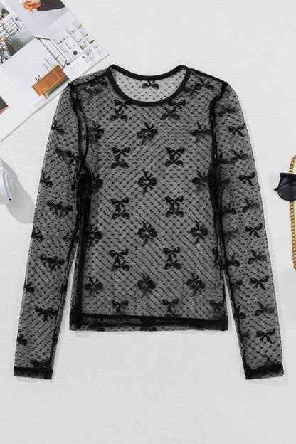 Black Bow Pattern Accent Mesh Long Sleeve Top