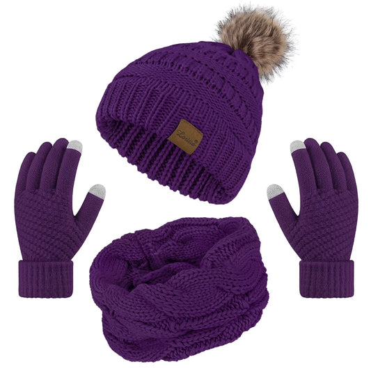 3 Pcs Women Winter Hat and Gloves Sets, Beanies Knit Classic Neck Warmer and Touchscreen Gloves Purple