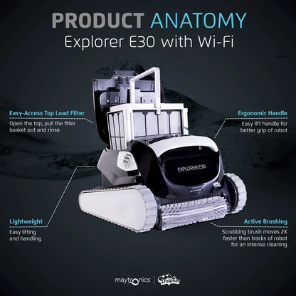 Dolphin Explorer E30 Wi-Fi Robotic Pool Vacuum Cleaner up to 50 FT - Transport Bundle with Caddy