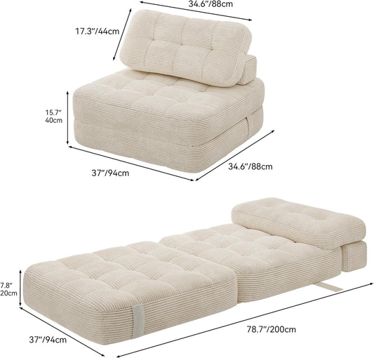 Folding Sofa Bed, Convertible Sleeper Chair with Pillow Foldable Mattress with Back Support, Portable Fold Out Chair Bed Comfy Floor Sofa Lounge for Living Room Bedroom, Beige