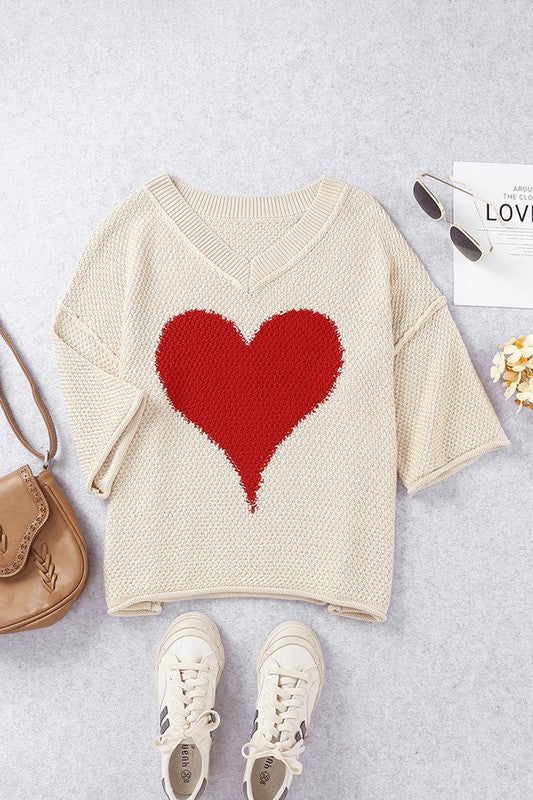 Cotton Khaki Beige Cream Casual Heart Knit Sweater