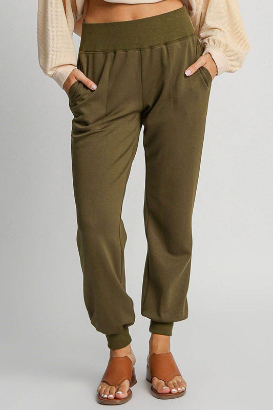 Umgee Full Size High Rise Elastic Waist Knit Joggers with Pockets plus Size