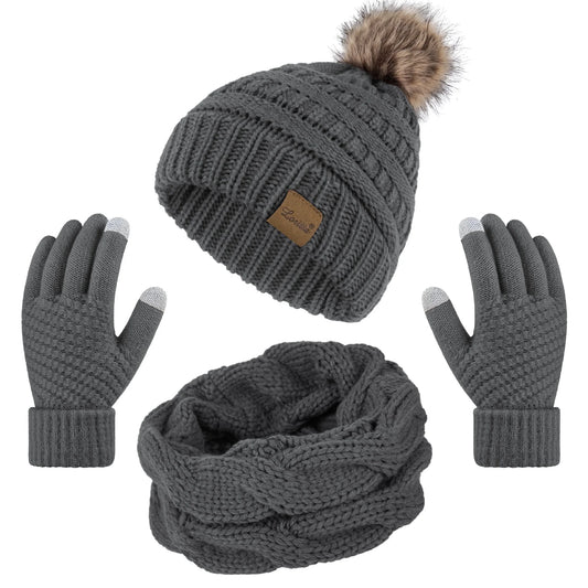 3 Pcs Women Winter Hat and Gloves Sets, Beanies Knit Classic Neck Warmer and Touchscreen Gloves Gray