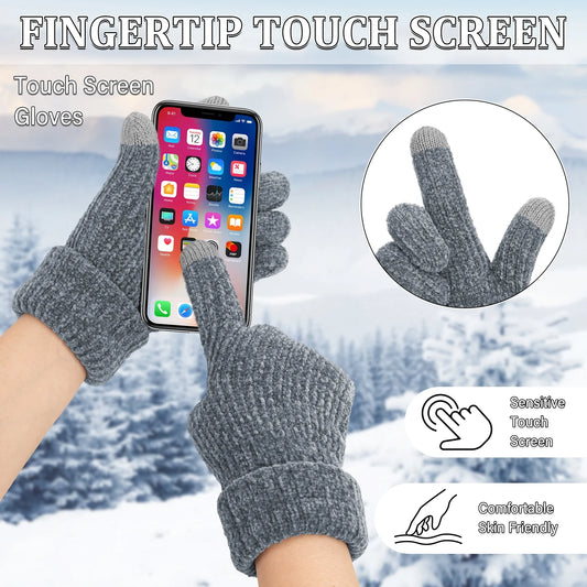 2 Pairs Winter Gloves for Women Chenille, Winter Warm Thick Lined Touchscreen Fingers Weather Gloves