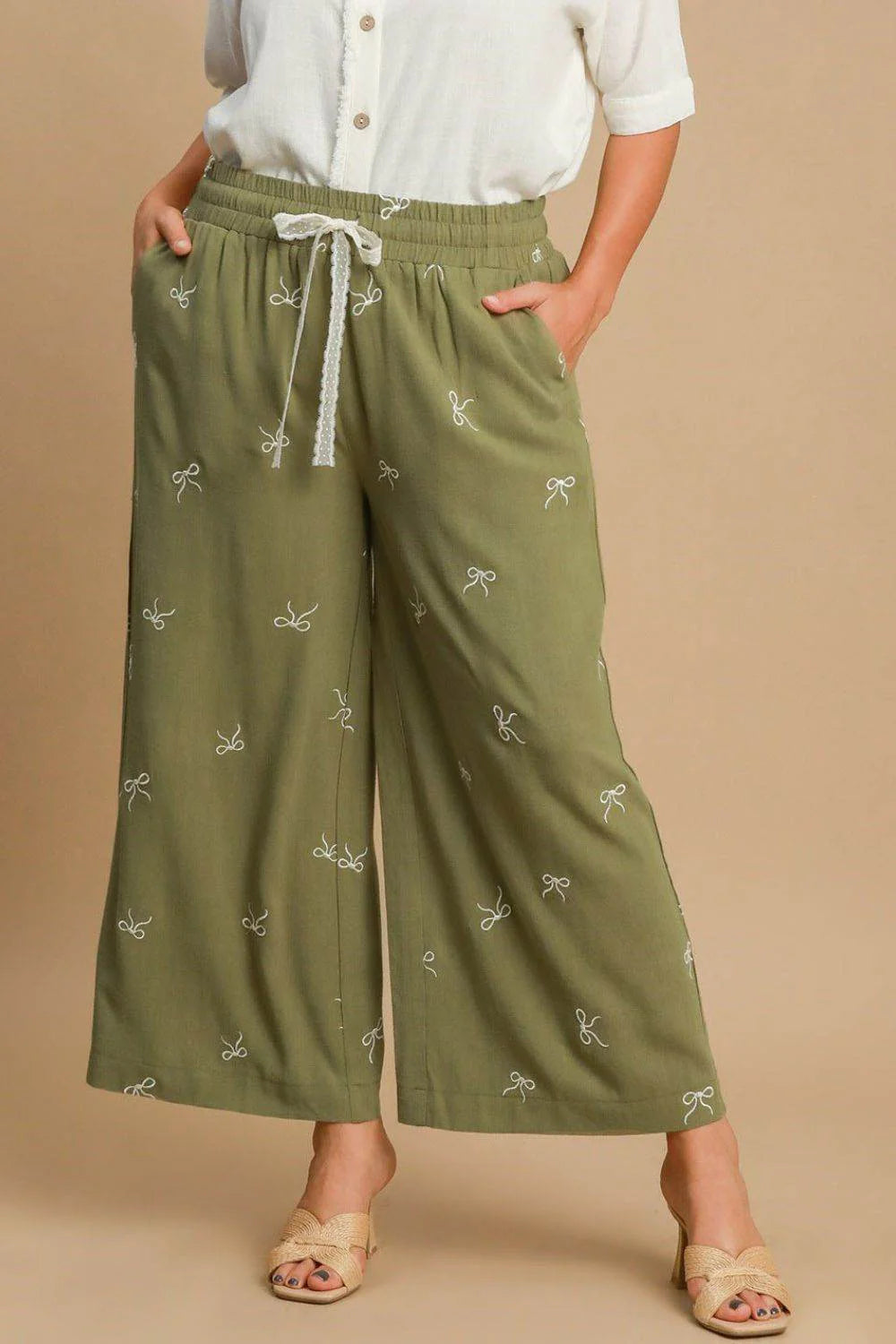 Umgee Full Size Lace Drawstring Embroidered Bow Wide Leg Pants plus Size