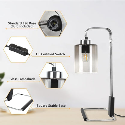 DLLT Industrial Table Lamp, Metal besides Reading Lamps with Gradient Grey Glass Lampshade, Vintage Nightstand Desk Light for Bedroom Living Room Office Dorm, Chrome Finish, 5W Bulb Included