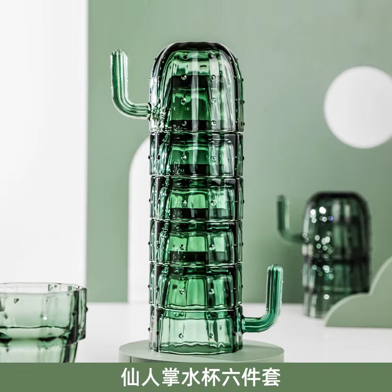 Green Cactus Glass Mug Set Stackable Cup Set Water Cups Afternoon Teacup Fruit Teacup Drinkware Glass Set Drink Cup Juice Cups