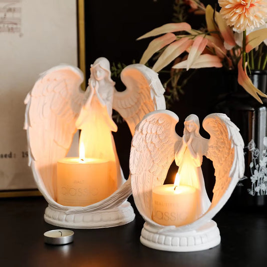 White Angel Prayer Tealight Candle Holder for Church - Resin Religious Decor, Altar Decoration with Guardian Angel Statue