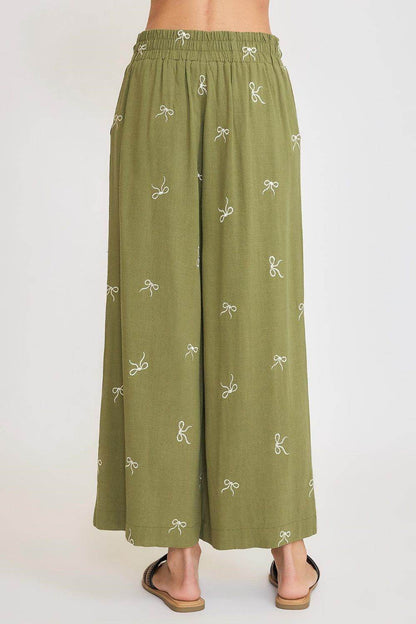 Umgee Full Size Lace Drawstring Embroidered Bow Wide Leg Pants plus Size