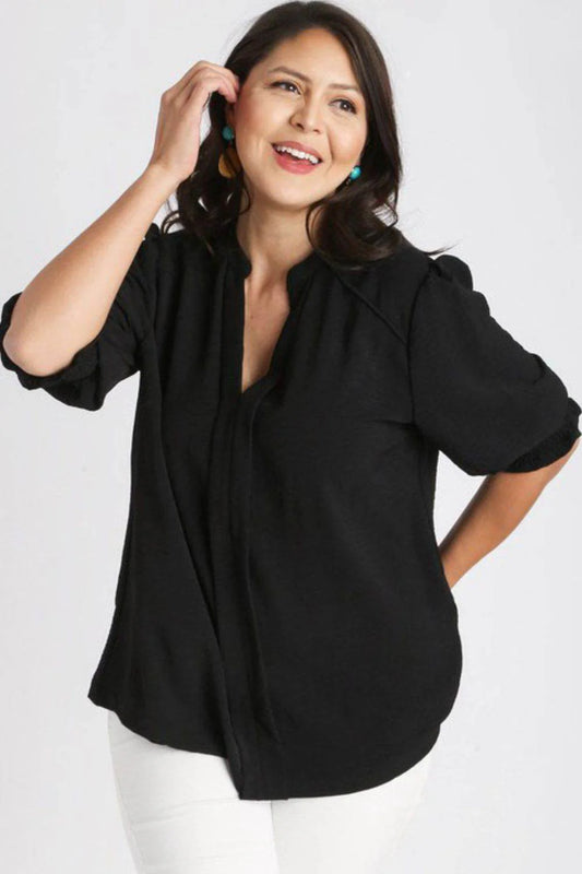 Umgee Full Size Split Neck Boxy Cut Top with Piping Details plus Size