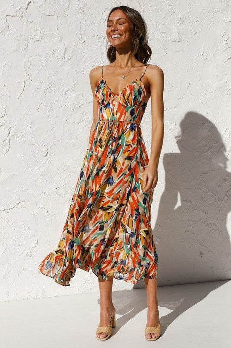 Women'S Floral Print A-Line Printed Ruffle Halter