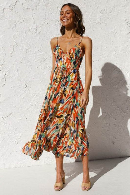 Women'S Floral Print A-Line Printed Ruffle Halter