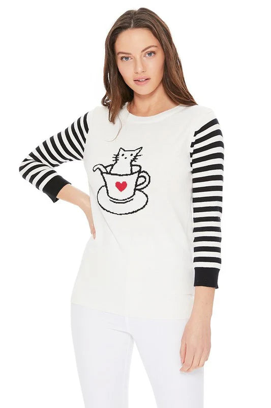 Cute Cat in Cup Jacquard Sweater Top