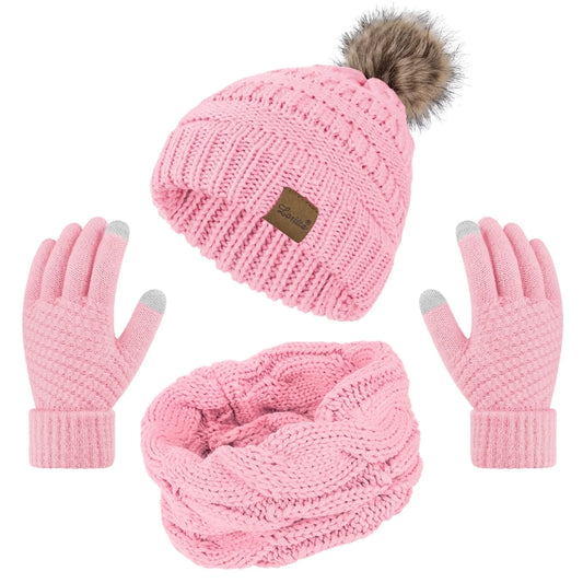3 Pcs Women Winter Hat and Gloves Sets, Beanies Knit Classic Neck Warmer and Touchscreen Gloves Pink