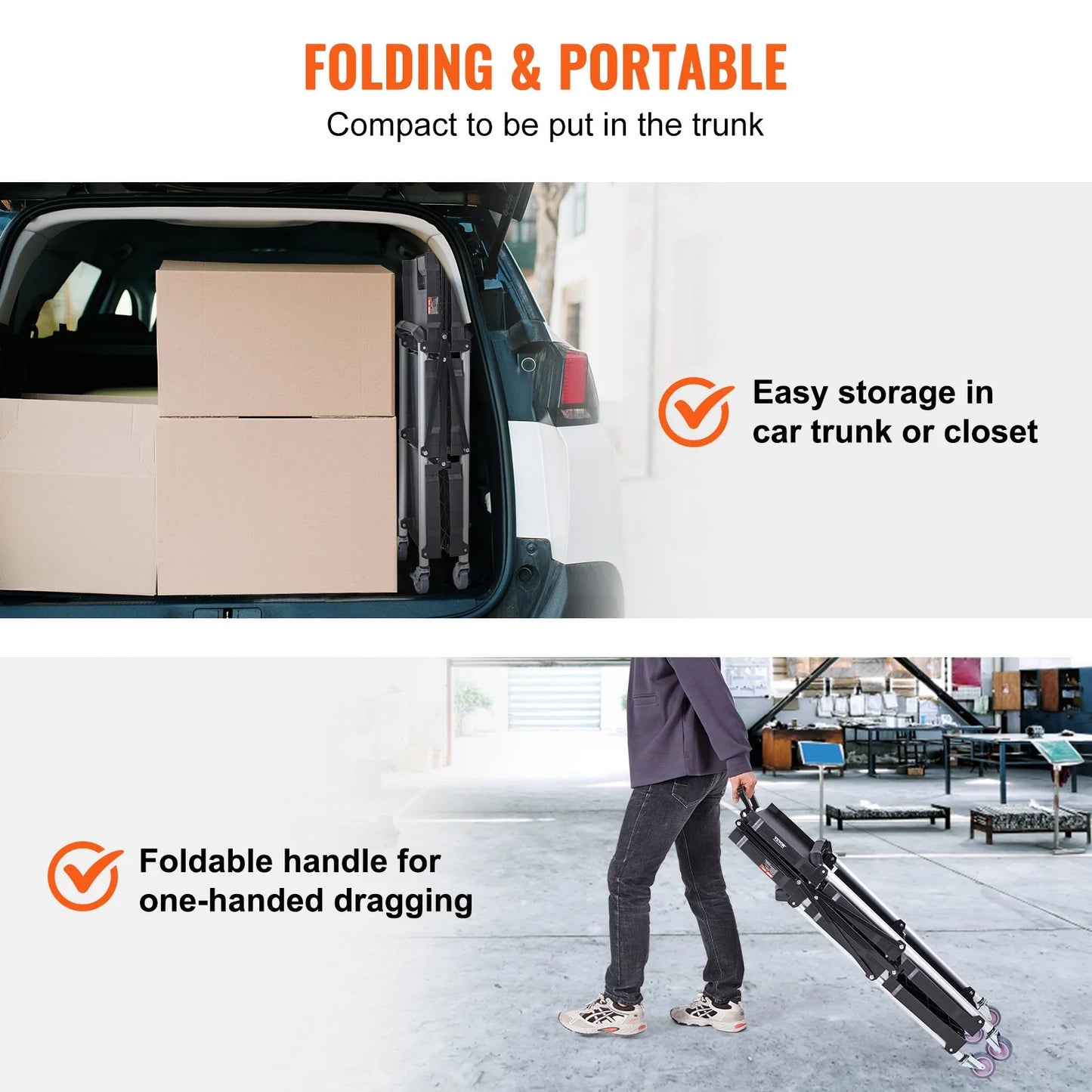 VEVOR Foldable Utility Service Cart, 3 Shelf 165LBS Heavy Duty Plastic Rolling Cart with Lockable Wheels, Ergonomic Handle, Portable Garage Tool Cart for Warehouse/Office/Home(25.62X15.43X32.76)