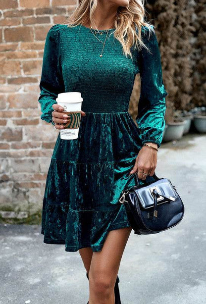 Long Sleeve Smocked Velvet Dress