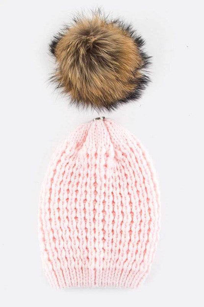 Raccoon Fur Pompom Beanie