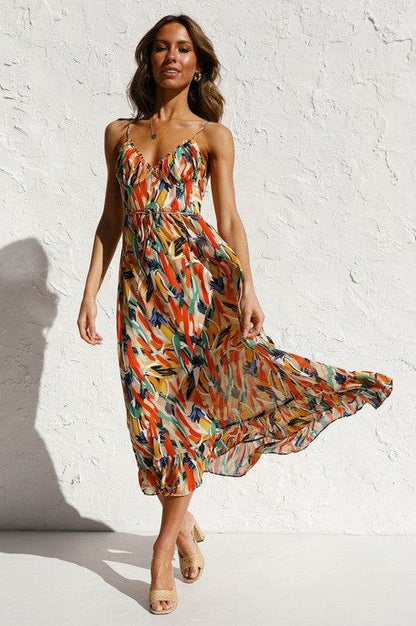 Women'S Floral Print A-Line Printed Ruffle Halter