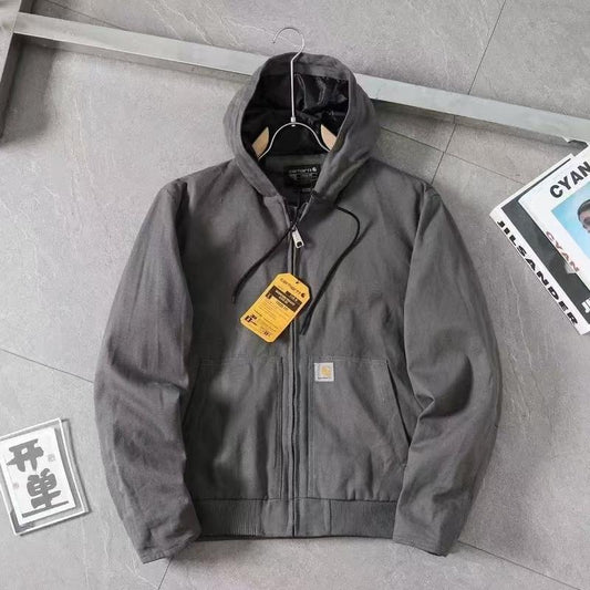 CARHARTT Medium Hooded Work Jacket for Men Brown Color Zip Front Design Practical Workwear with Hooded Feature & Easy Access Zip